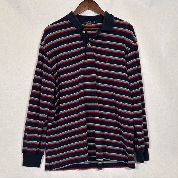 Nautica Navy/Red/Gray Long Sleeve Polo Men’s Size L - Picture 1 of 9